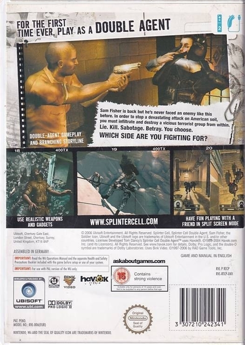 Tom Clancys Splinter Cell Double Agent - Wii (B Grade) (Used) (Eng) 